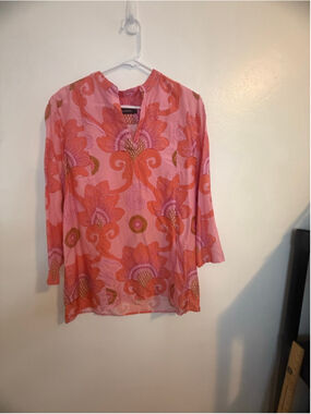 JIM THOMPSON silk Pink Orange Floral Tunic Top Size 10